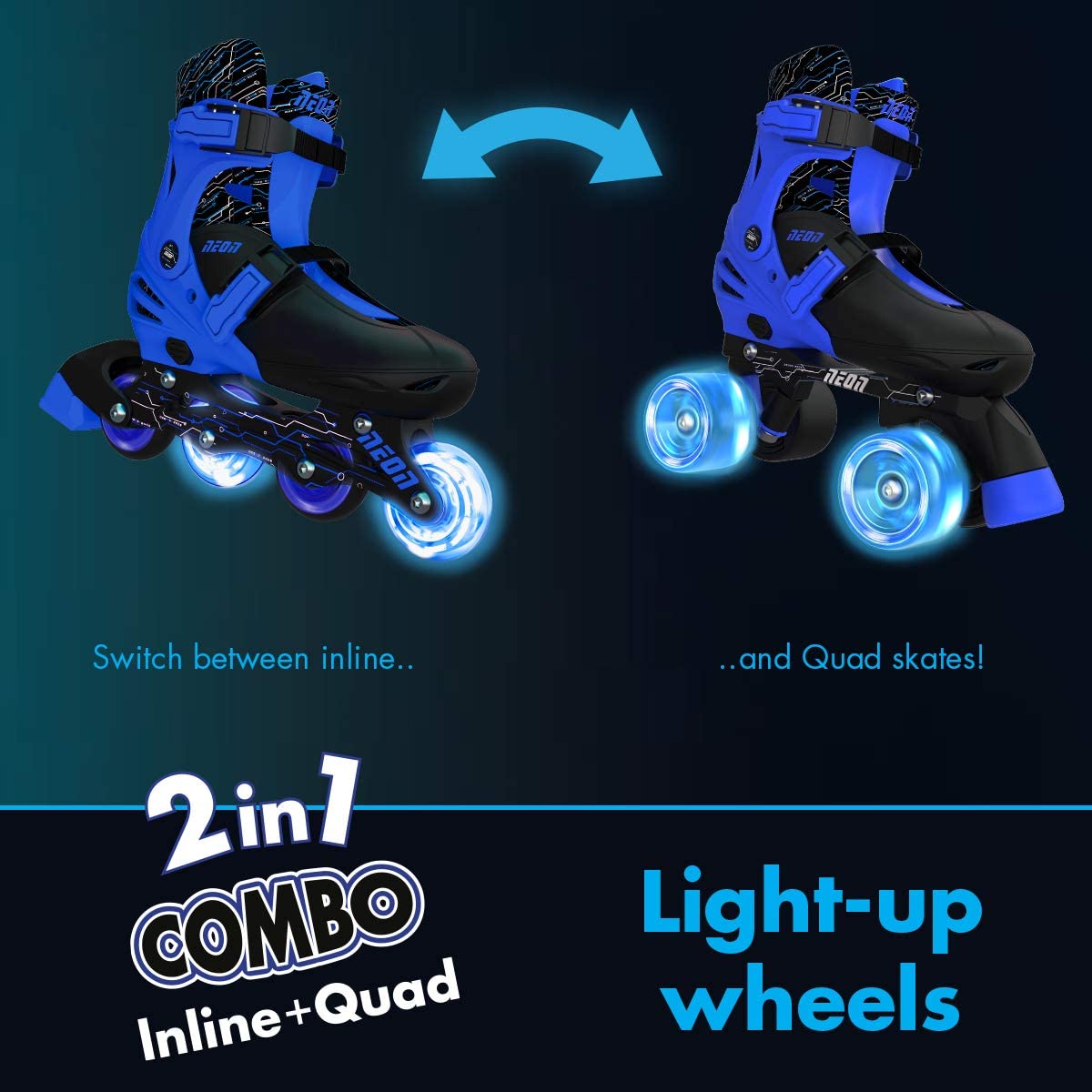 רולרבליידס וסקטים 2 ב-1 קומבו דגם נאון NEON כחול - 34-37 — תמונה 2