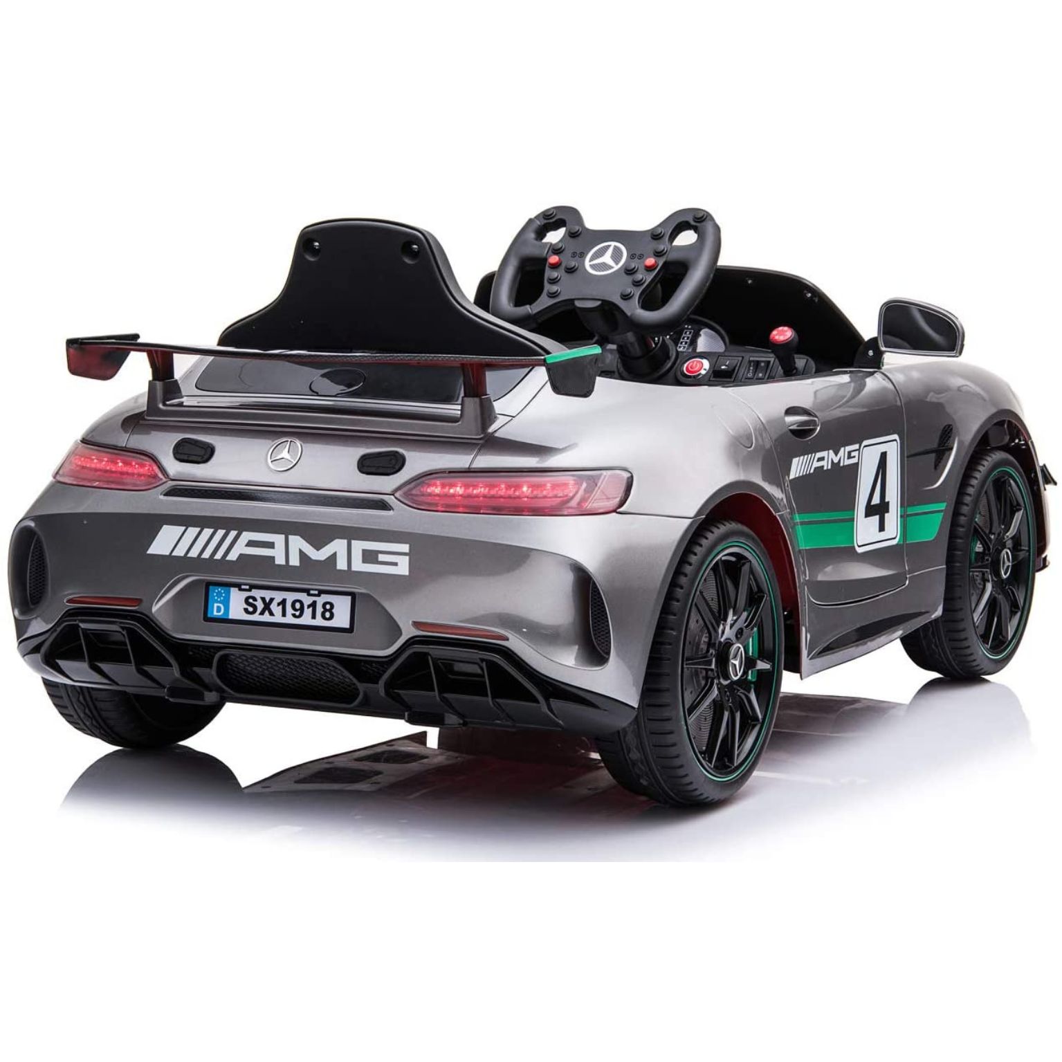 רכב ספורט מרצדס AMG ממונע לילדים עם שלט וגלגלי גומי אמיתיים 12 וולט כסוף מטאלי — תמונה 4