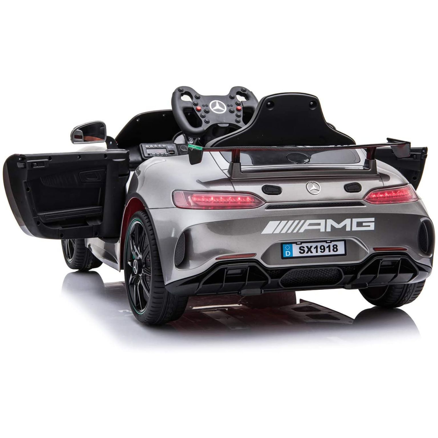 רכב ספורט מרצדס AMG ממונע לילדים עם שלט וגלגלי גומי אמיתיים 12 וולט כסוף מטאלי — תמונה 5