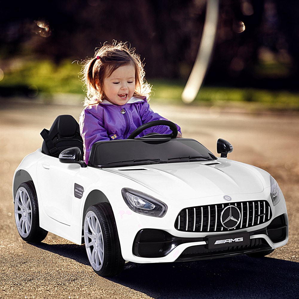 רכב ספורט מרצדס בנץ AMG ממונע לילדים עם מושב זוגי שלט וגלגלי גומי אמיתיים 12 וולט לבנה — תמונה 2
